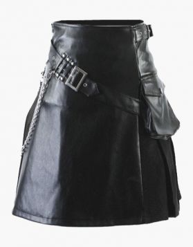 Modern Black Leather Hybrid Kilt with Cotton Pleats - Front Image 