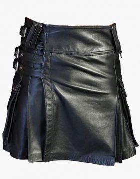 Modern Black Leather Kilt with Cargo Pockets - Front Image