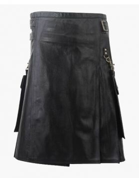 Modern Black leather Kilt with Detachable Pockets- Front Image