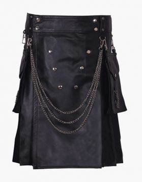 Modern Black Leather Kilt with Detachable Pockets -front image