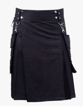 Modern Black Utility Kilt with Detachable Pockets- Front Image