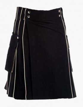 Modern Black Utility Kilt with White Piping- Front Image