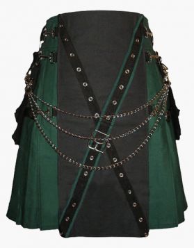 Modern Black with Green Gothic Utility Kilt  - Front Image 