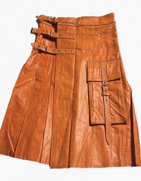 Scottish Brown Leather Kilt With Gothic Style- Front Image 