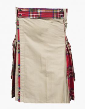 Modern Hybrid Khaki Kilt with Royal Stewart Tartan- Front Image 