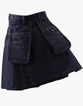 Modern Indigo Blue Denim Working Kilt with Pockets - Front Image 
