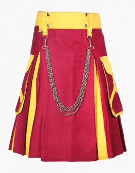 Modern Maroon and Yellow Hybrid Kilt with Chains - Front Image