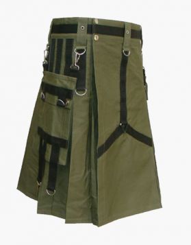 Modern Olive Green Utility Kilt with Detachable Pockets- Front Image