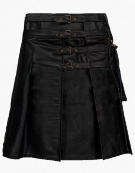 Modern Pleated Black Leather Kilt with Detachable Pocket - Front Image 