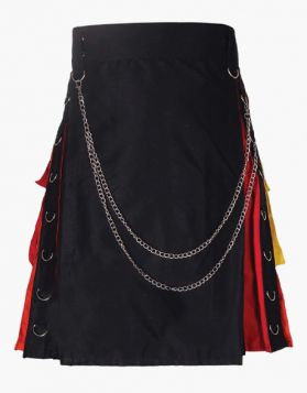 Modern Rainbow Black Hybrid Kilt with Chains and Pockets- Front Image