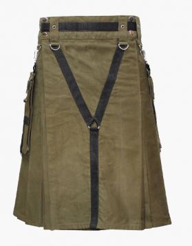Olive Green Utility Kilt with Y Strap Design