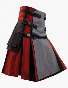 Red and Black Hybrid Kilt with Detachable Apron -Front Image