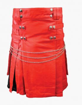 Red and Black Leather Kilt with Chains - Front Image