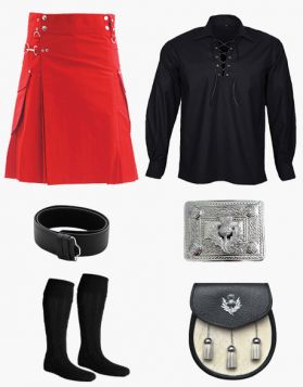 Red Cargo Kilt with Black Shirt and Accessories Deal