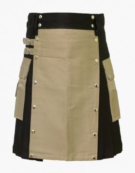 Scottish Black and Khaki Utility Kilt with Decorated Apron- Front Image 