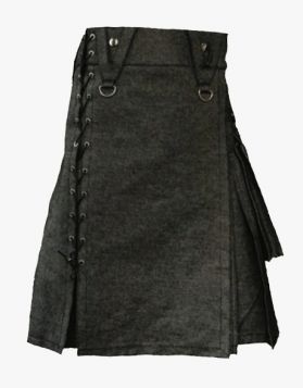  Scottish Black Denim Kilt with Multiple Pockets- Front Image