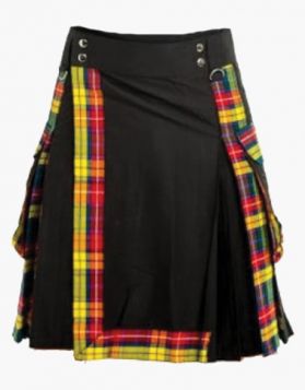Scottish Black Hybrid Utility Kilt With Tartan Straps- Front Image