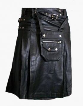 Scottish Black Leather Utility Kilt with Front Pocket- Front Image