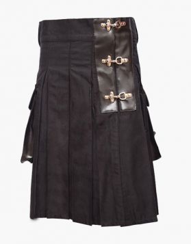 Scottish Black Pleated Utility Kilt with Leather Pockets - Front Image