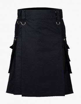  Scottish Black Punk Gothic Kilt with Detachable Pockets- Front Image 