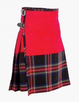 Scottish Black Stewart Hybrid Kilt With Red Cotton Apron- Front Image 