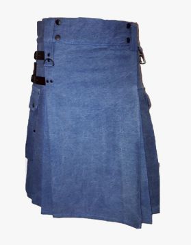 Scottish Blue Denim Kilt with Large Pockets- Front Image