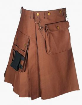Scottish Brown Working Utility Kilt with Front Pocket- Front Image 