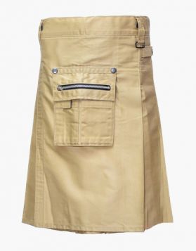Scottish Khaki Utility Kilt With Detachable Front Pocket- Front Image 