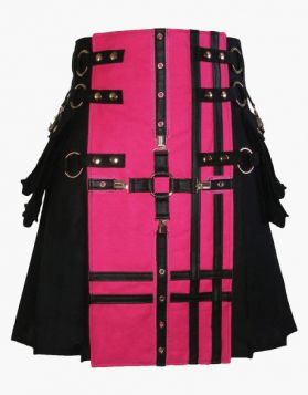 Stylish Black and Pink Gothic Utility Kilt - Front Image