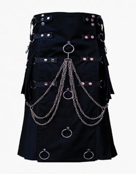 Stylish Black Gothic Utility Kilt with Detachable Apron - Front Image 