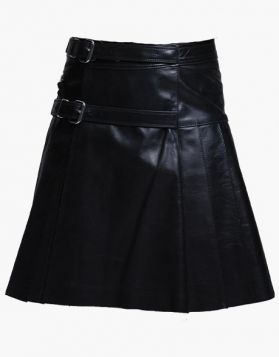 Stylish Black Leather Kilt with Zip Pocket - Front Image 