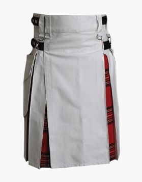 White & Royal Stewart Tartan Hybrid Kilt with Detachable Pockets
