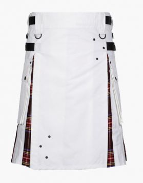 White and Black Stewart Tartan Hybrid Kilt - Front Image 