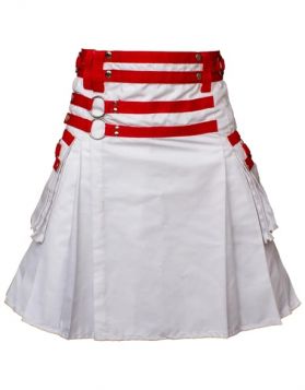 Modern White Utility Kilt with Red Straps - F