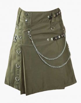 Women's Olive Green Gothic Kilt with Leather Straps- front Image