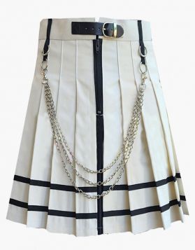 Women's Pleated White Gothic Mini Kilt with Black Straps- Front Image